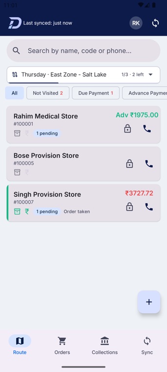 Today's beat on the field app: the shops to visit, how many are left, and what each one owes.