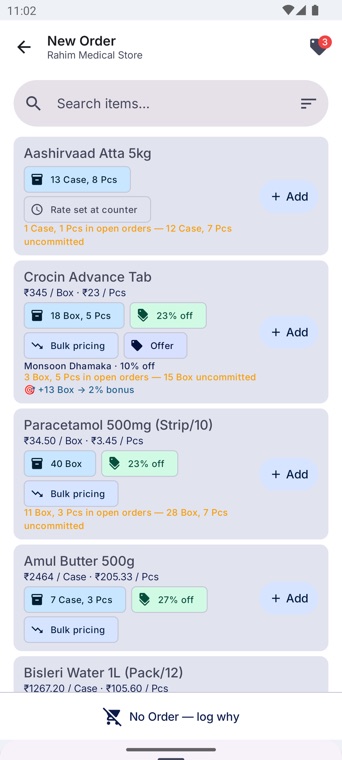 Taking an order: live stock per item, the customer's rate, scheme offers, and a warning that some stock is already committed to other orders.